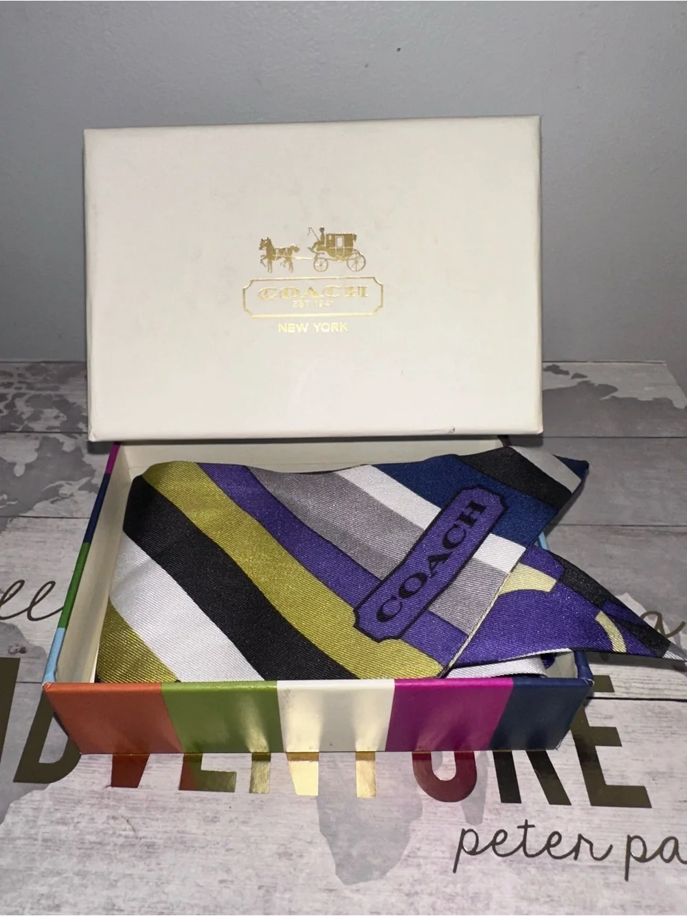 Vintage Coach Geometric Silk Purse Scarf with original box!
